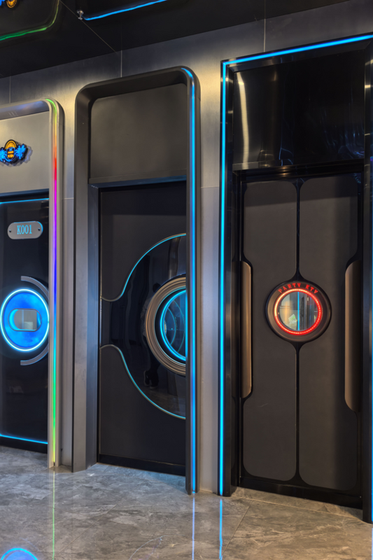 Modern custom soundproof doors with LED lighting, providing a sleek and stylish design that enhances acoustic performance and privacy in commercial and entertainment venues