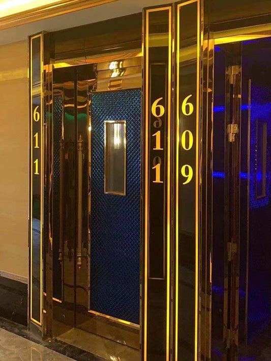 Luxury soundproof doors with stylish golden frames, designed for high-end hotel rooms and private spaces, offering enhanced privacy and noise control