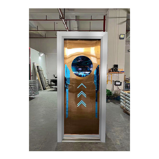 High-tech copper-colored soundproof and fire-resistant door with glowing blue arrow patterns, designed for modern homes focused on safety, comfort, and future-ready style.