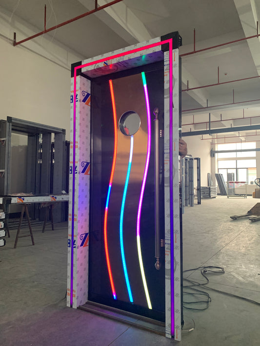 Black soundproof door with curved multicolor LED light strips, ideal for modern interiors seeking both silence and style