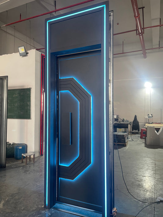 Sleek modern soundproof door with LED lighting, ideal for game rooms to block outside noise and enhance immersion