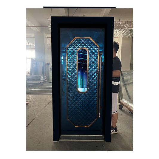Stylish soundproof door with geometric texture and blue LED lighting, ideal for home gyms and private recording studios