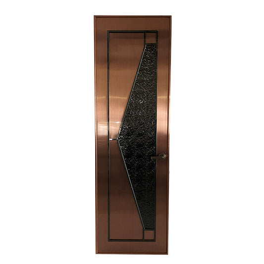 Modern fire-resistant soundproof door with copper finish and geometric glass panel — designed for durability and long-term performance in residential or commercial spaces.