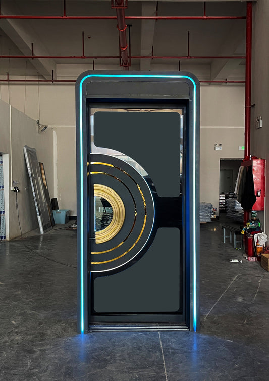 Modern black and gold fire-resistant soundproof door ready for installation, designed for home safety and acoustic insulation.