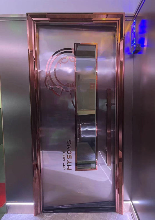 Rose gold fire-resistant and soundproof door installed in a modern residential interior, designed for quiet living and fire safety.