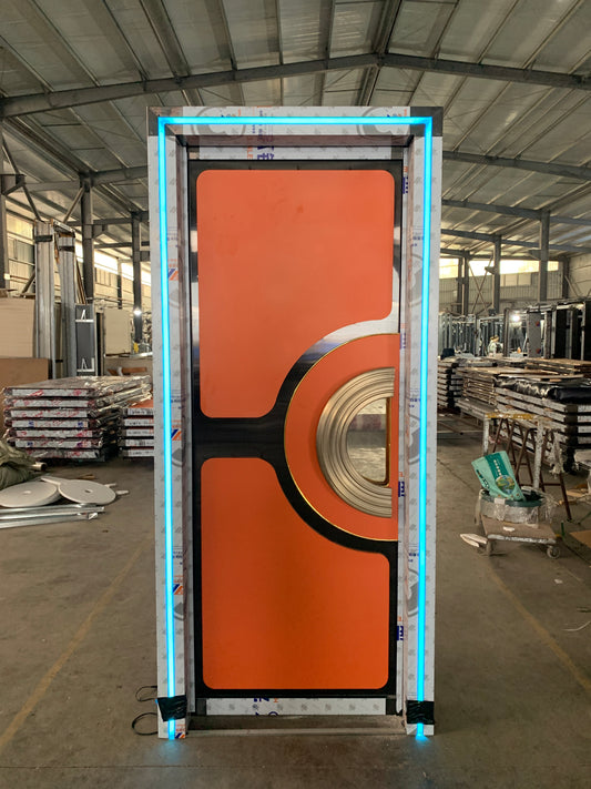 Bright orange soundproof door with futuristic circular design and LED frame, perfect for modern entertainment or workspace environments