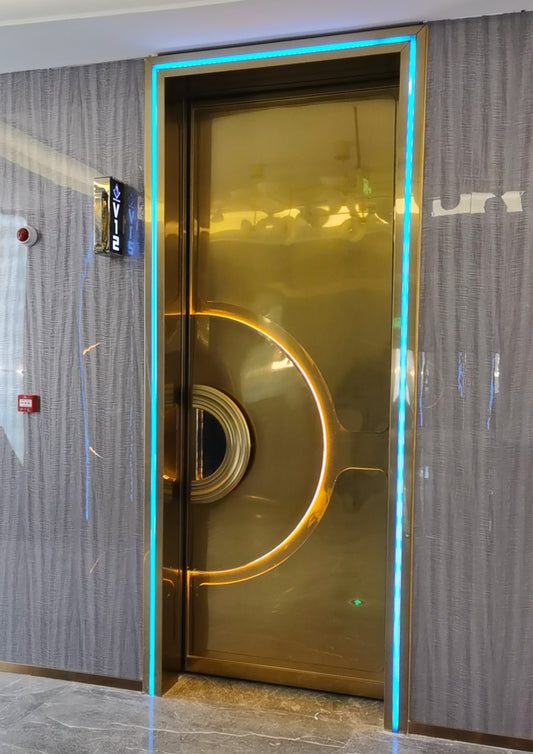 A sleek soundproof and fire-resistant door with modern design, providing energy efficiency and enhanced security in commercial spaces.