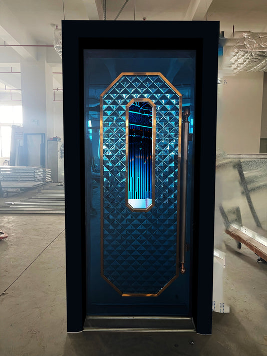 A modern soundproof and fire-resistant door designed for commercial spaces, ensuring privacy and reducing noise for businesses like offices, hotels, and restaurants.