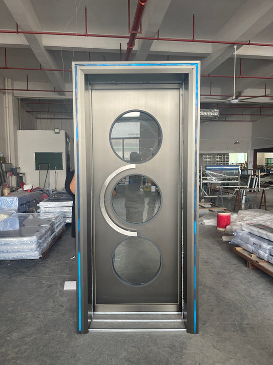 Secure and modern fire-resistant soundproof door with triple round glass panels, ideal for enhancing home security and noise reduction.