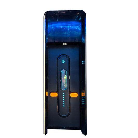 Compact soundproof door with LED accents and sleek futuristic design, ideal for small entertainment or karaoke rooms