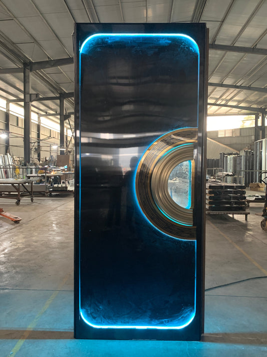 Elegant soundproof and fire-rated door with curved LED lighting design, representing the fusion of safety, silence, and modern aesthetics.