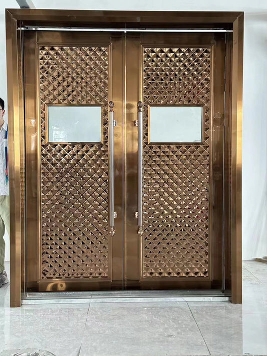 Luxury dual-function door with a golden metallic finish and built-in glass panels, designed for residential fire protection and sound insulation.