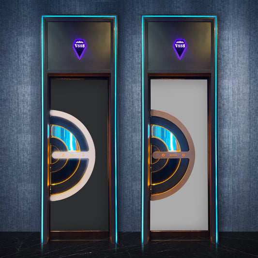 Fire-rated acoustic doors with symmetrical design and LED frames, compliant with entertainment venue safety regulations