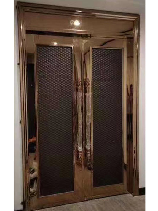 Elegant double-leaf fire-rated acoustic door with metallic finish and padded panels, showcasing form and function in one design