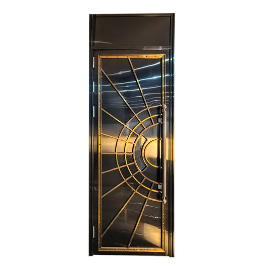 Fire-tested soundproof door with a modern black and gold sunburst design, showcasing both security and aesthetic performance.