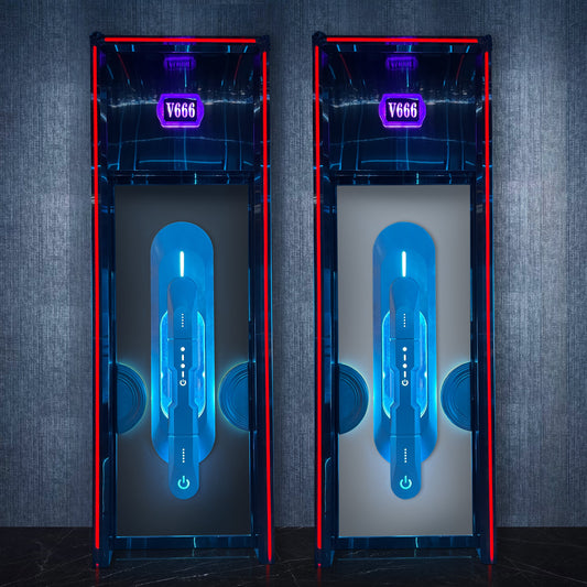 Two futuristic soundproof doors with illuminated acoustic core and fire-resistant structure, showcasing different material finishes in a modern setting