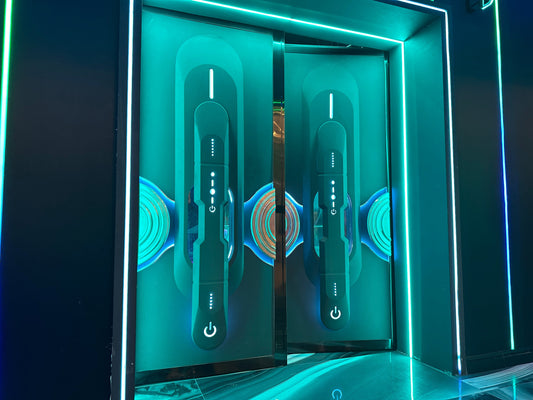 Futuristic professional-level soundproof door with vibrant LED lighting, designed for high-end KTV rooms and luxury entertainment venues