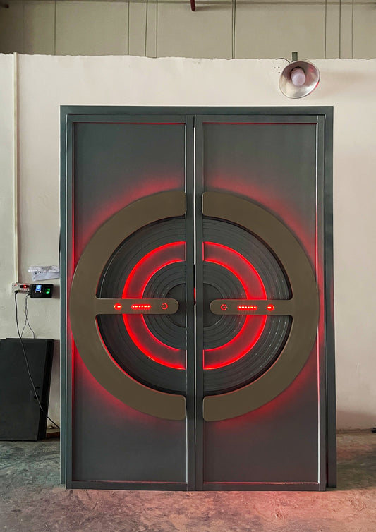 Futuristic soundproof door with red LED lighting, designed for high-end entertainment venues and KTV rooms