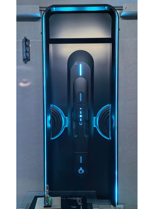 Futuristic LED soundproof door installed in a modern urban apartment for noise reduction and privacy