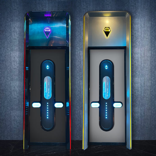 Futuristic soundproof doors with LED lighting, models V666 and V999, designed for high-end entertainment venues and KTV rooms