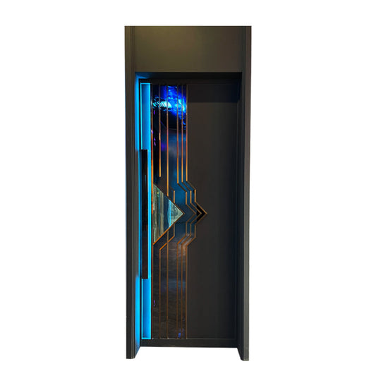 Modern soundproof door with futuristic geometric design and blue LED lighting — stylish appearance may hide performance trade-offs.