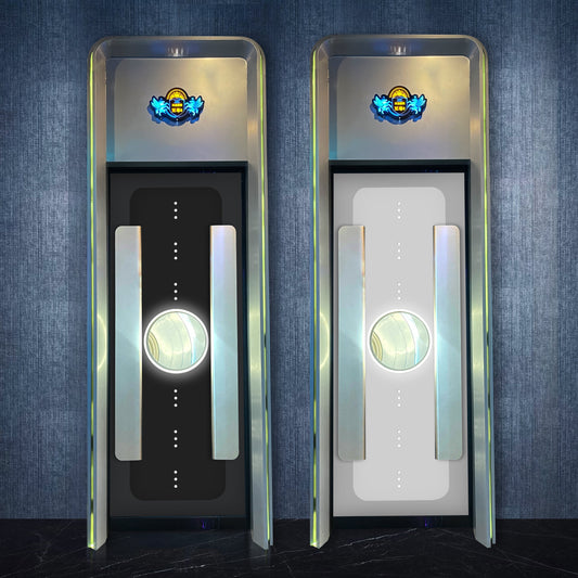 Two futuristic soundproof doors with central circular viewing panel and LED accents, displayed in black and white finishes under custom signage