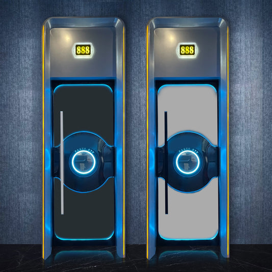 Dual-panel soundproof and fire-resistant door with futuristic blue LED design, ideal for KTV lounges, hotels, and hospitality venues