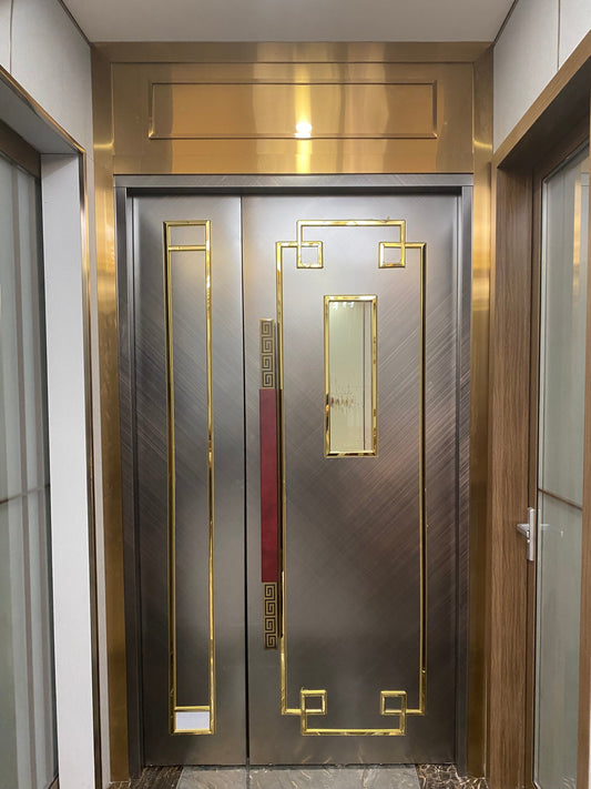 SafeSoundDoors luxury double-door design with gold accents, illustrating tailored solutions for spaces requiring both elegance and function