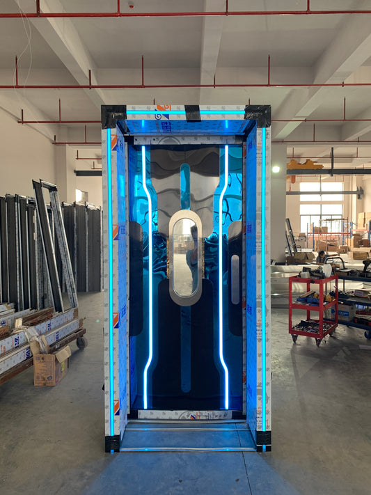 SafeSoundDoors futuristic door with vertical LED lines and reinforced structure, certified to meet top safety standards for fire and acoustic protection