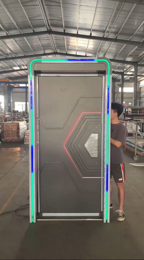 SafeSoundDoors futuristic door with geometric LED design, offering advanced noise and heat insulation for residential and commercial spaces