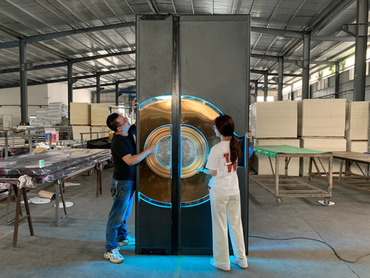SafeSoundDoors dual-function door with LED accents, showcasing integrated soundproofing and fire safety features in a modern factory setting