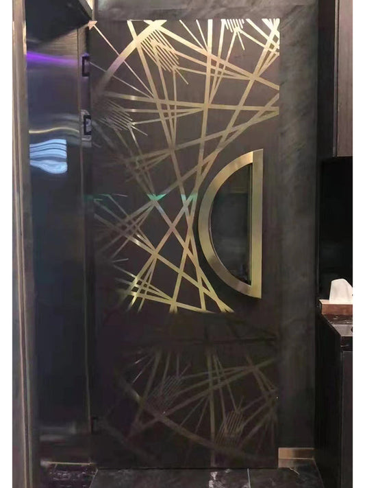 Luxury hotel-grade soundproof door with gold geometric pattern and half-moon handle, combining acoustic performance with elegant design