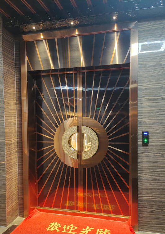 Luxury soundproof door with a golden pattern and central round handle, perfect for high-end KTV and entertainment venues.