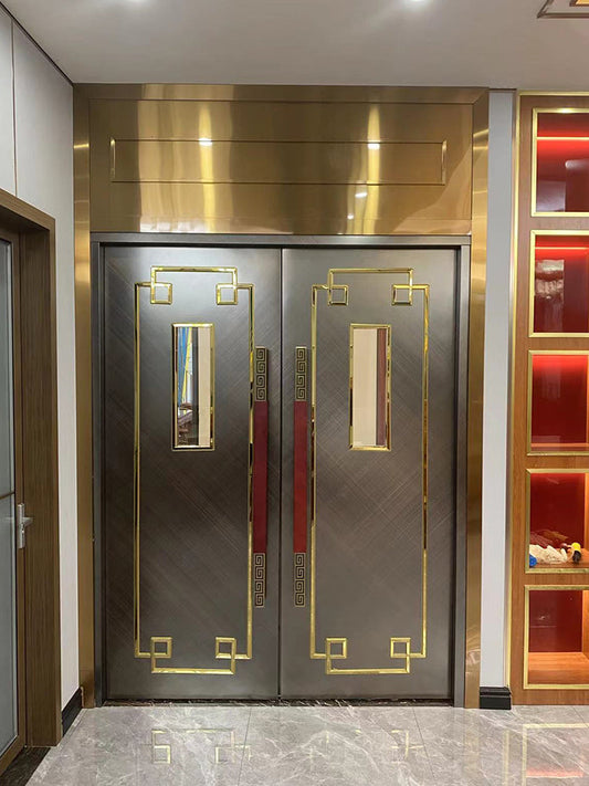 Luxury VIP KTV soundproof doors with gold accents and modern design, ideal for high-end entertainment spaces