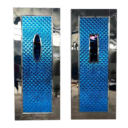 Modern fire-resistant soundproof door with copper finish and geometric glass panel — designed for durability and long-term performance in residential or commercial spaces.