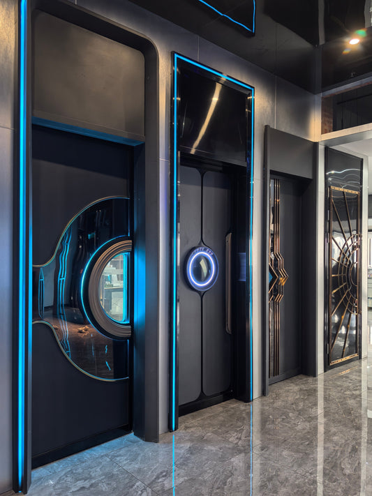 Modern LED soundproof doors showcased in an upscale showroom, ideal for VIP KTV rooms and luxury entertainment venues