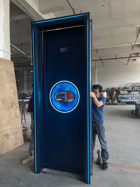 Sleek, modern soundproof door designed for commercial venues to reduce noise and improve ambiance