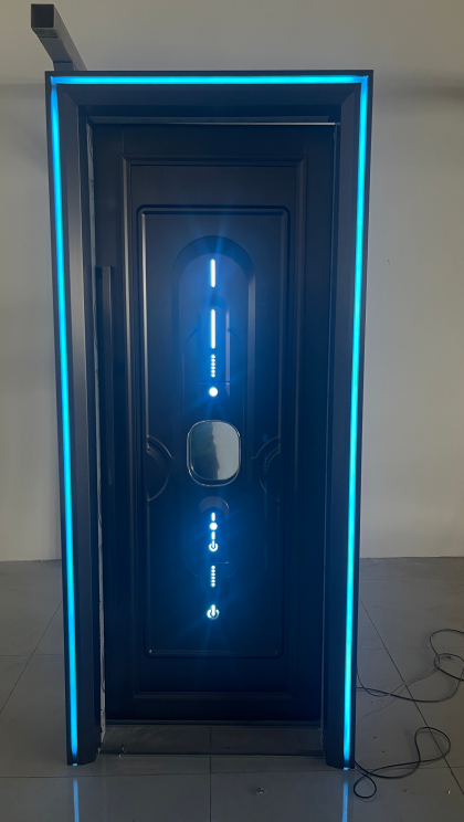 Modern soundproof and fire-rated door with futuristic LED lighting, ideal for smart homes seeking both safety and acoustic comfort.