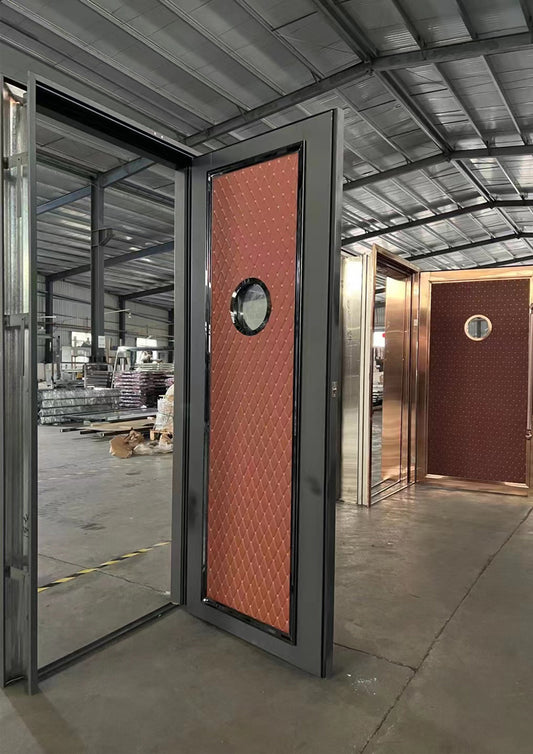 Industrial-style soundproof door featuring a textured red panel with a circular window, designed for high-end, noise-sensitive environments, and perfect for modern spaces.