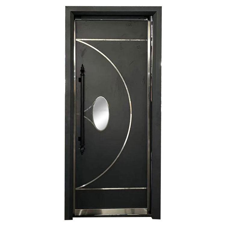 Elegant black flat panel door with curved stainless steel lines