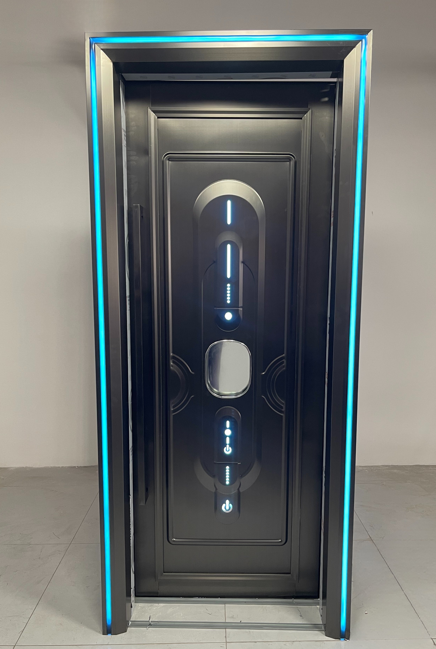 Tech-inspired single LED soundproof door with vertical lighting and central button motif – suitable for smart home or KTV studio