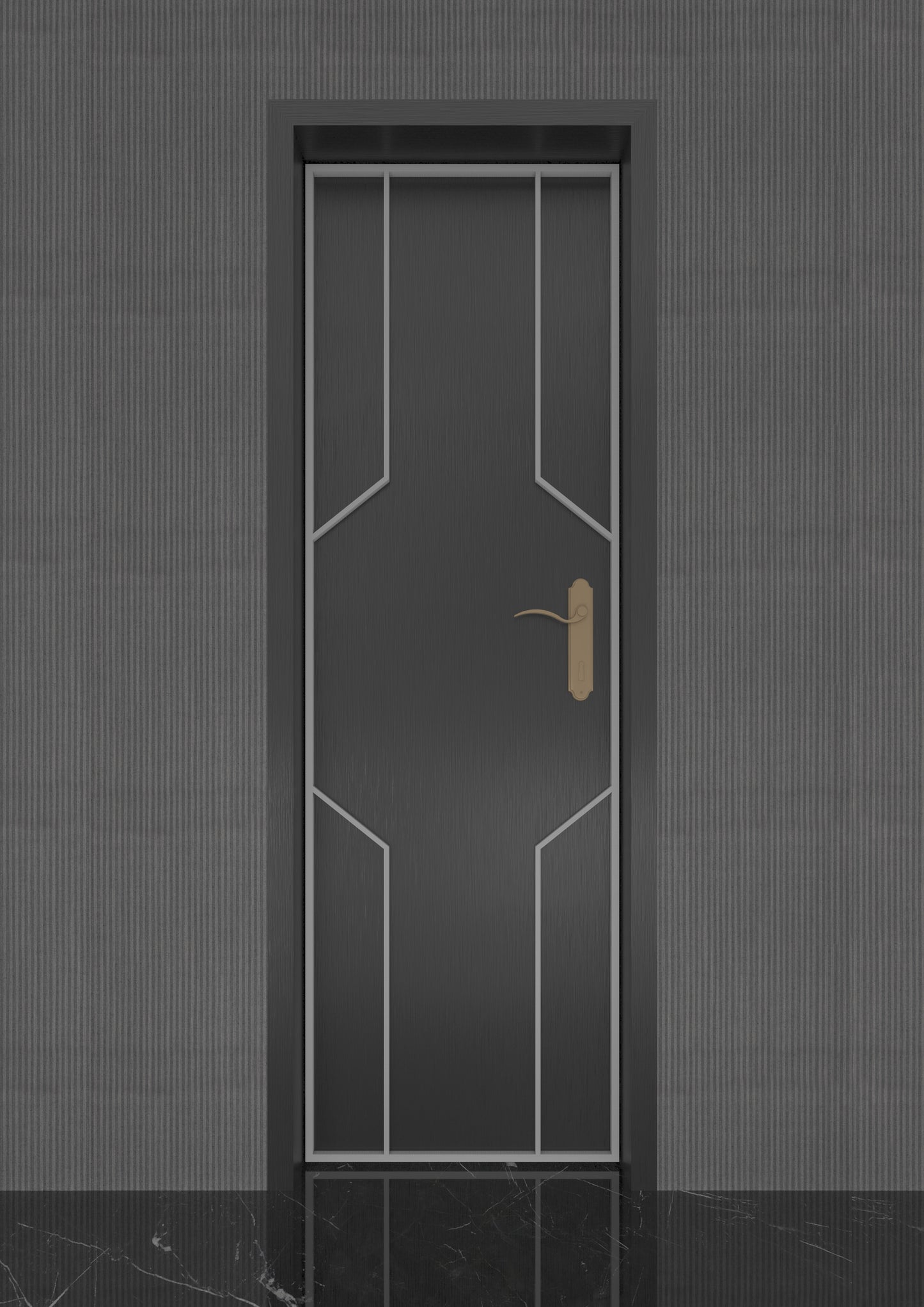 Modern black restroom soundproof door with geometric silver trim design