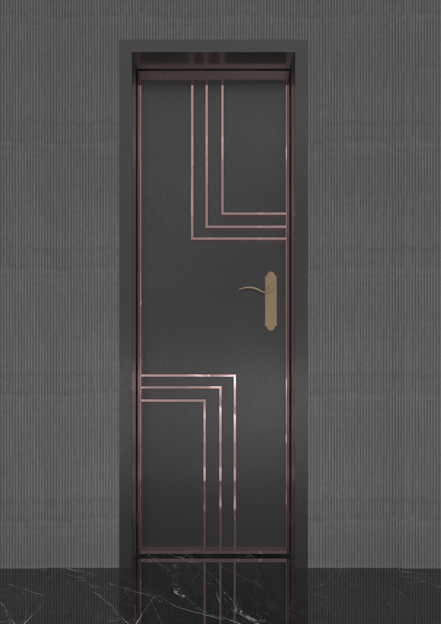 Black geometric restroom soundproof door with bronze trim and modern design