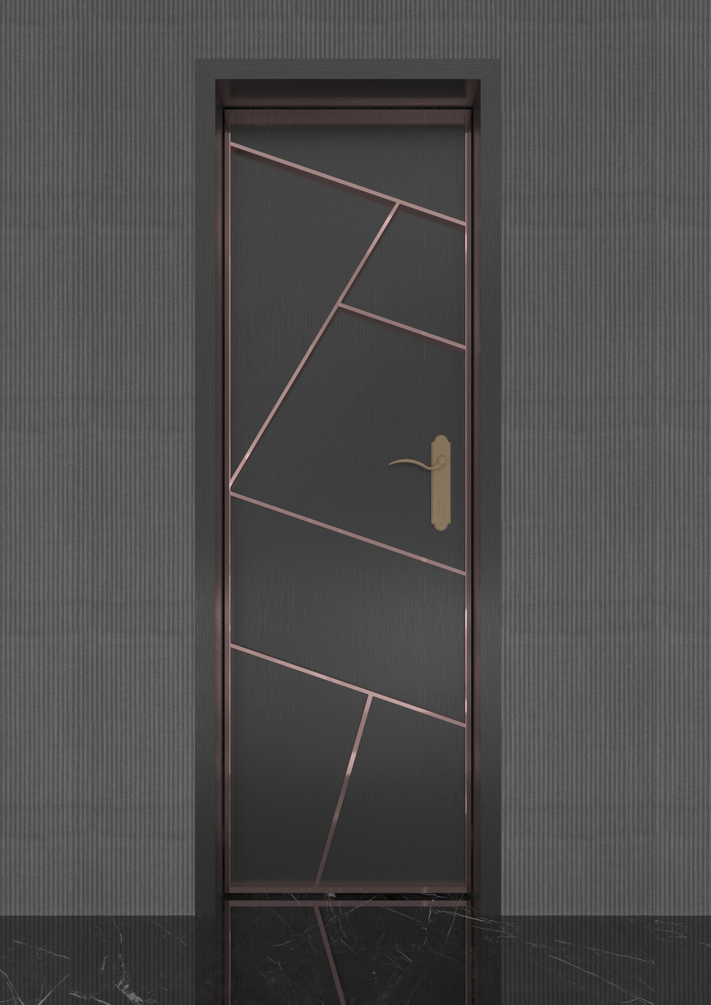Black geometric restroom soundproof door with rose gold trim and modern design