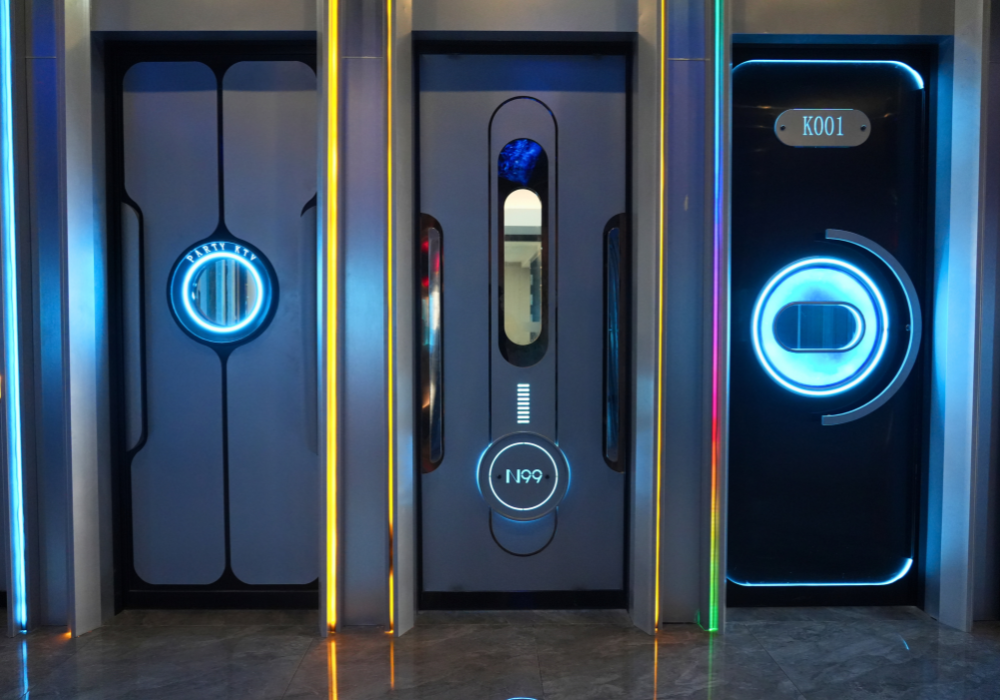 Close-up of illuminated KTV soundproof doors with vibrant lighting and unique designs, perfect for modern entertainment spaces.