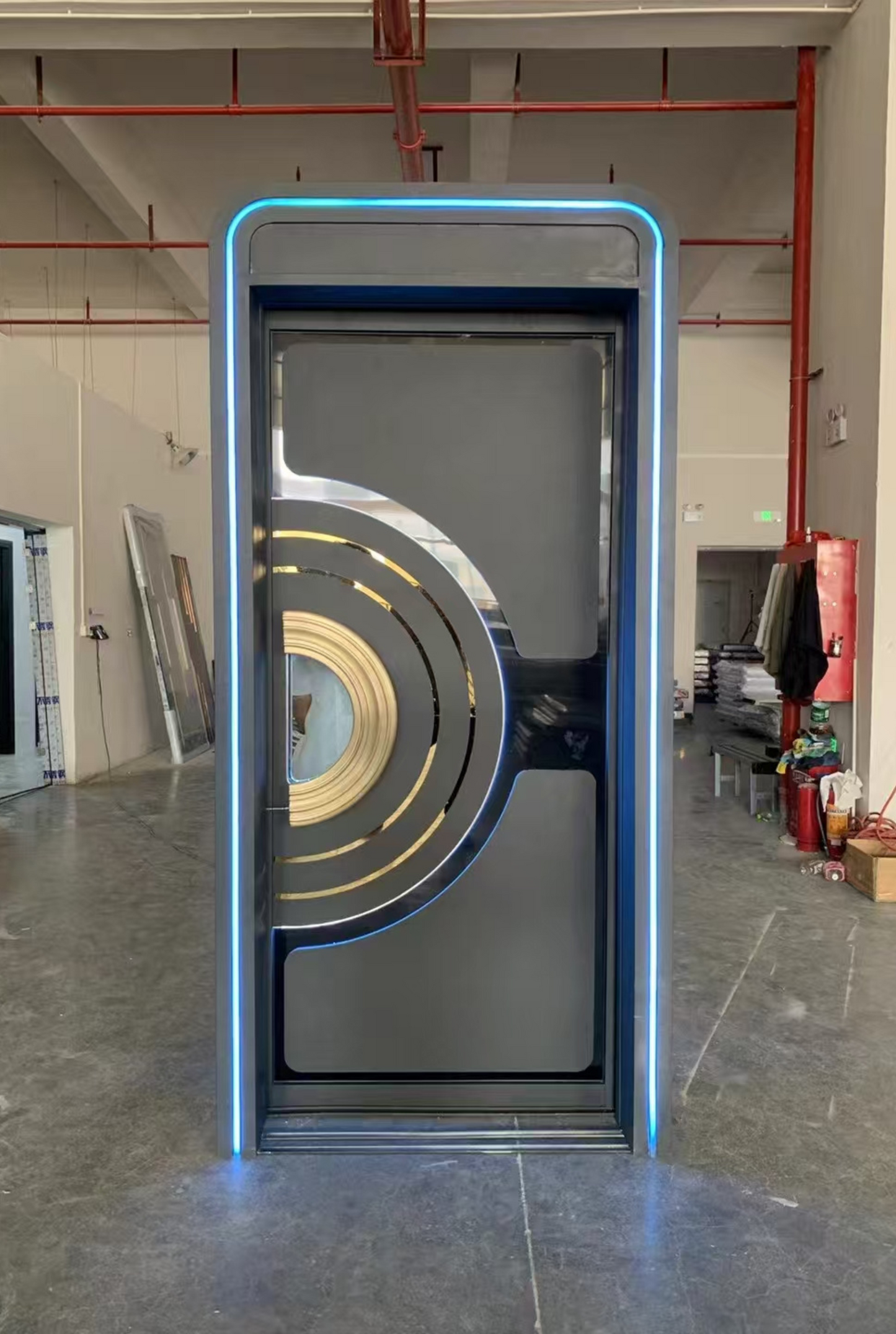 Single-panel soundproof door with half-circle geometric design, gold accents, and soft blue LED outline – ideal for KTV or luxury interior spaces