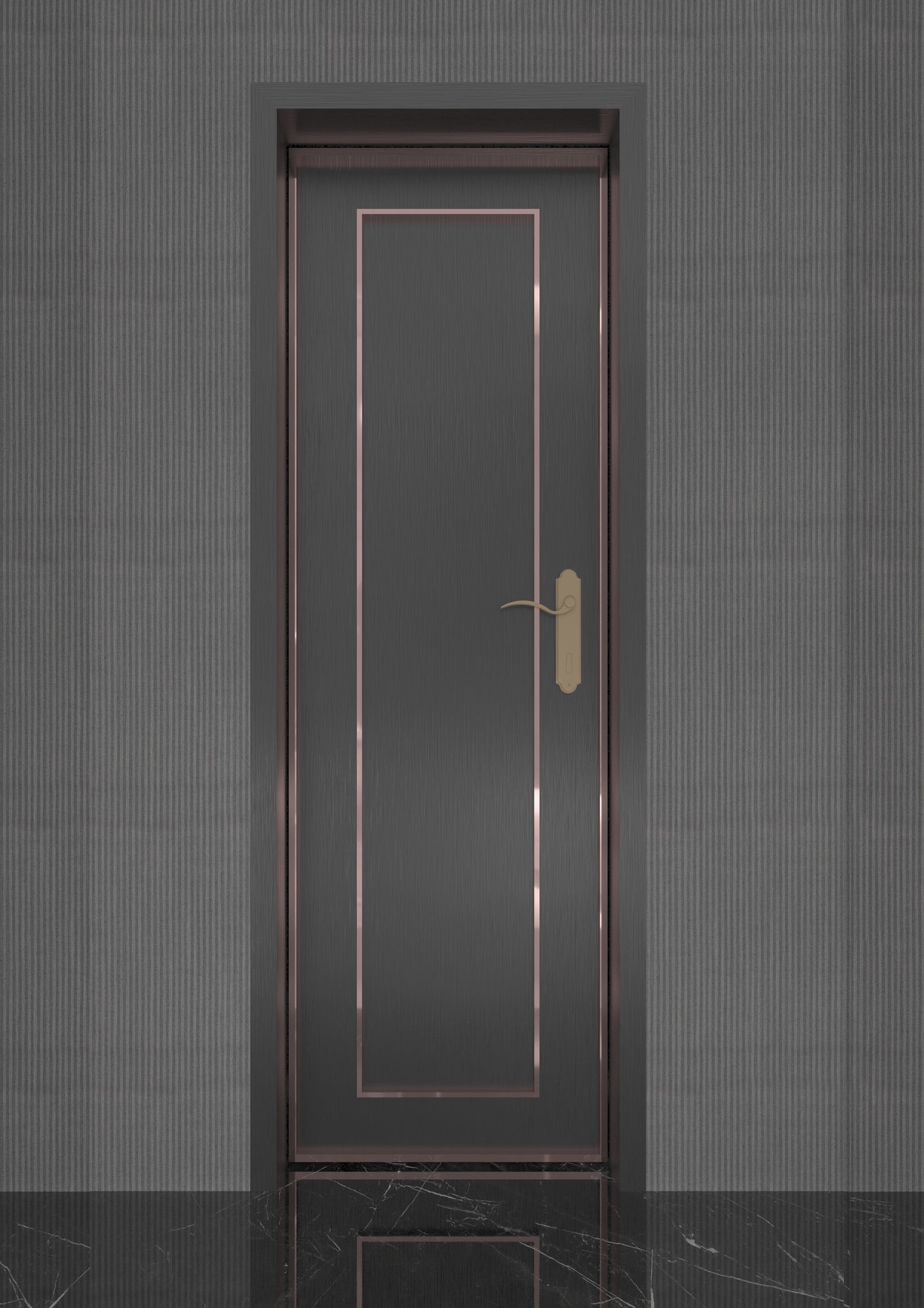 Minimalist black restroom soundproof door with rose gold trim and simple design