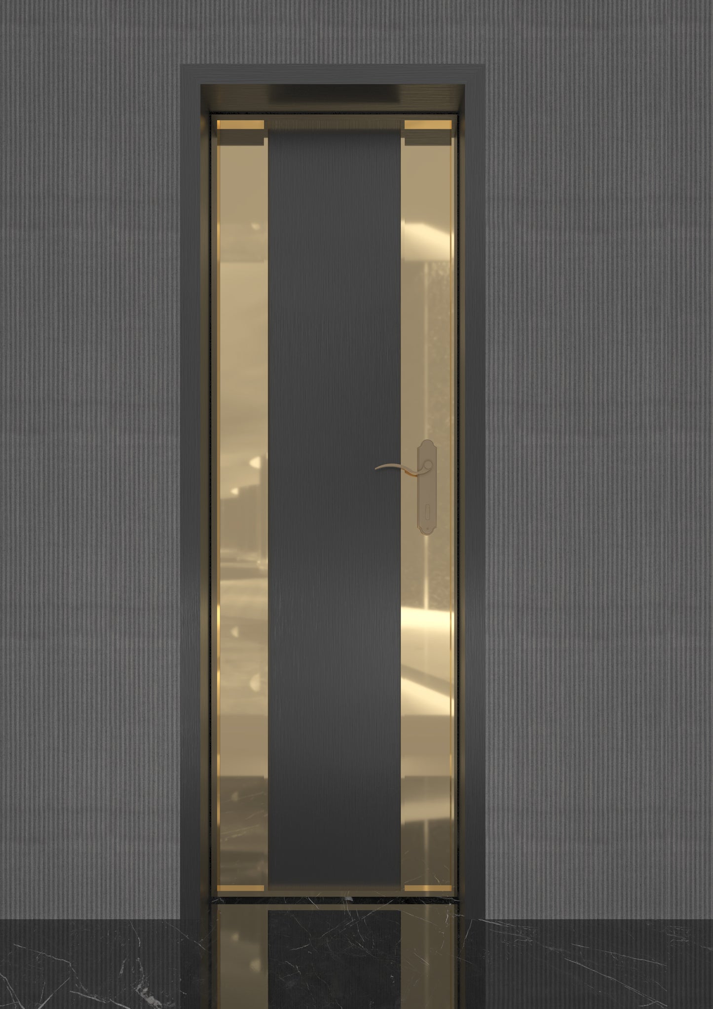 Minimalist black restroom soundproof door with gold trim and modern design