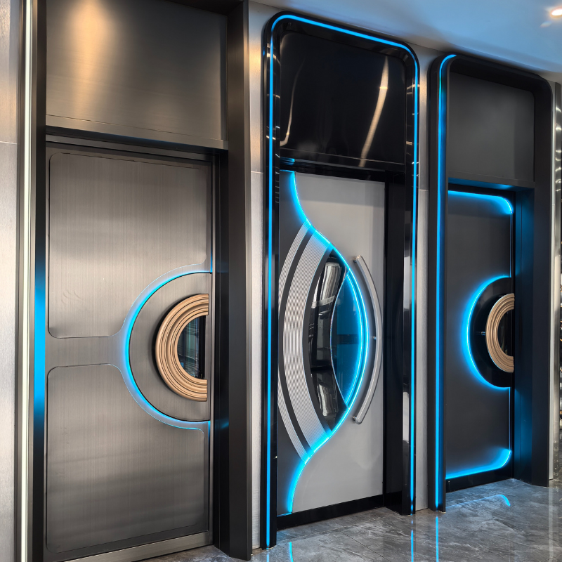 Modern KTV soundproof doors with vibrant LED lighting and sleek metallic finishes, designed for high-end entertainment spaces.