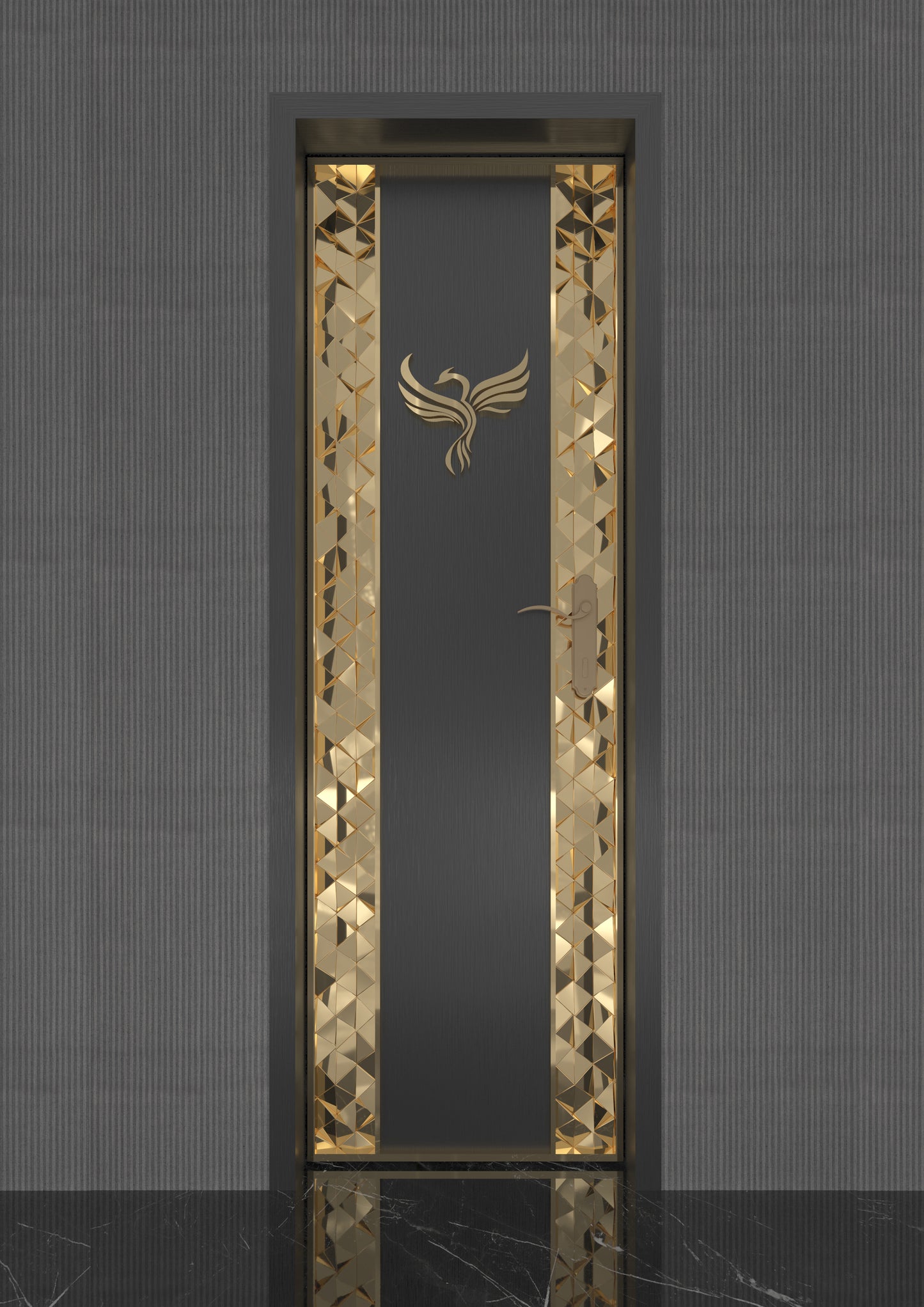 Luxurious black restroom soundproof door with gold trim and phoenix emblem design